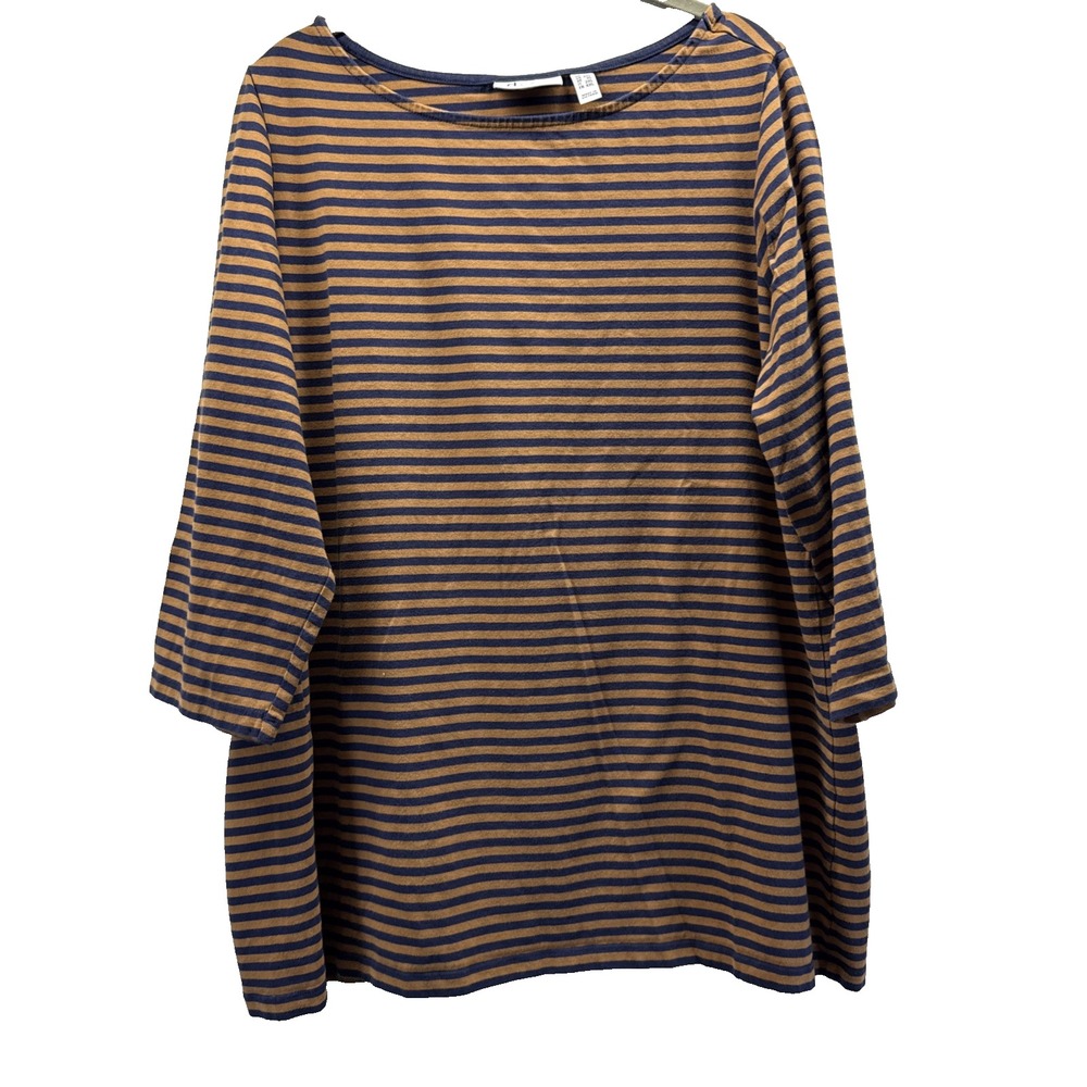 Denim & Co Women's Tunic Top Size 1X Plus Brown Black Stripe 3/4 Sleeve Pullover